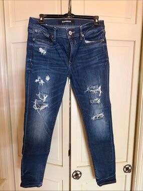 Express Women's Ripped Skinny Jeans - Dark Indigo Blue